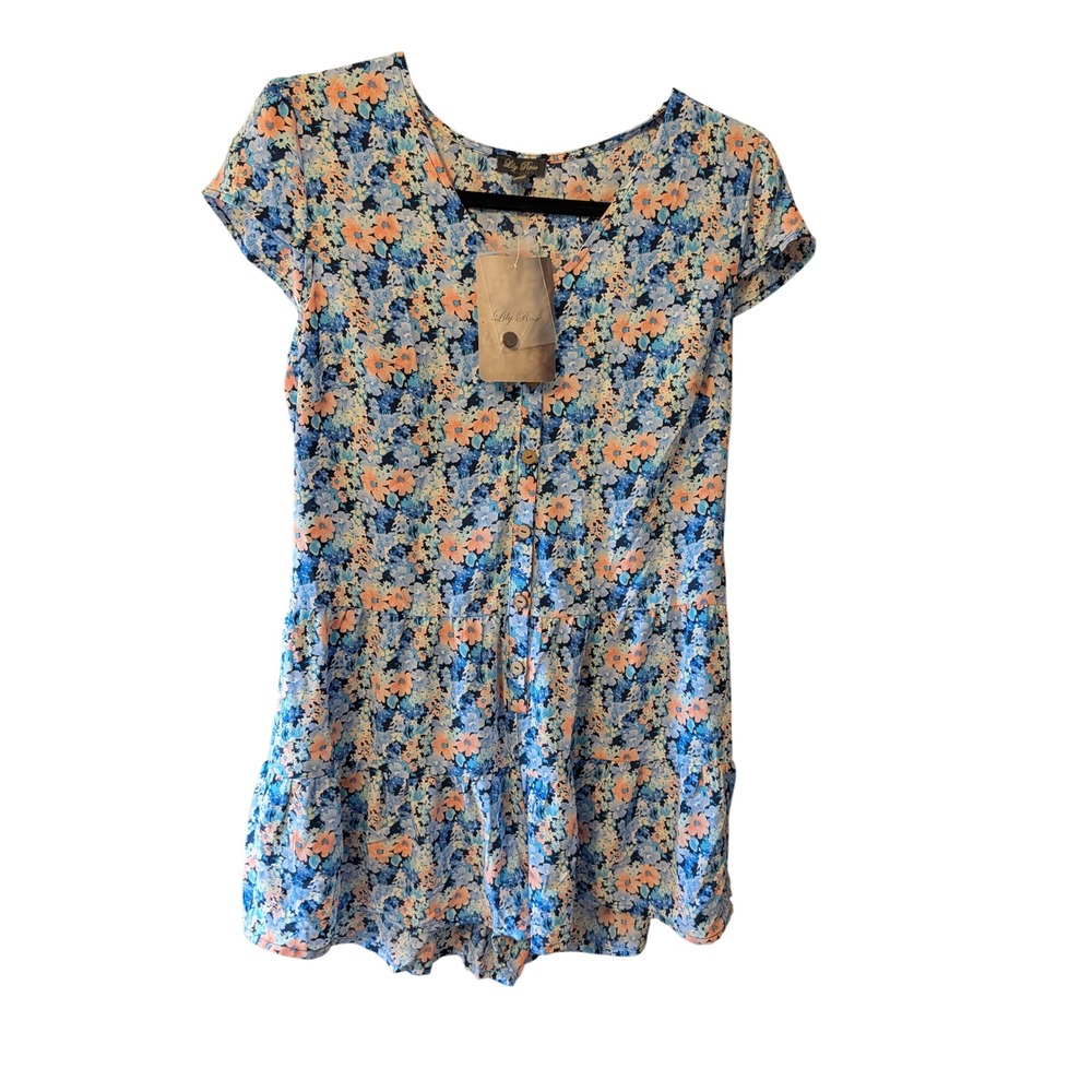 Lily Rose Womens Floral Button Front Tiered Romper Medium Blue Coral